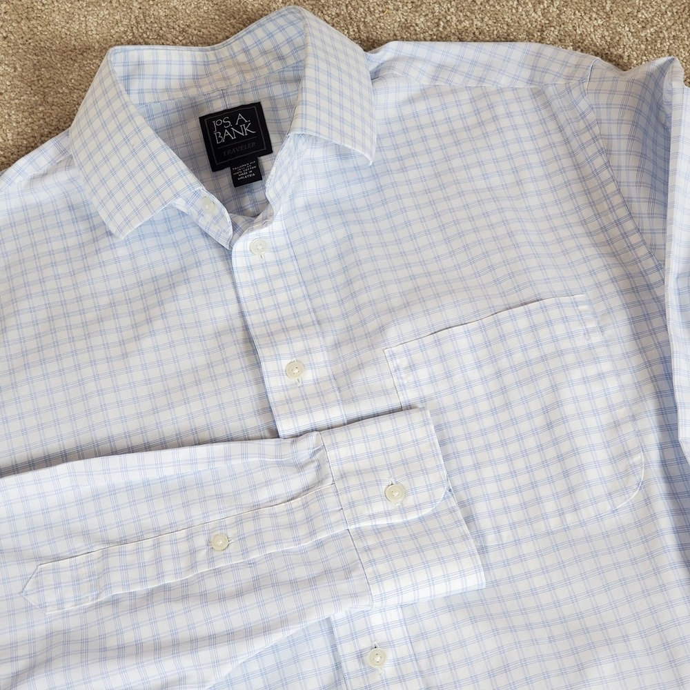 Jos A Banks Men's Shirt Button Up Size‎ 15 1/2 35 Blue White Check Long Sleeve